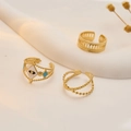 Three-piece golden titanium steel ring set with evil eye and textured open bands - J799-Evil Eye Enamel Gold 3-Piece Set