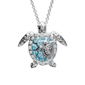 Silver mother and baby sea turtle pendant necklace with blue enamel and sparkling crystals - Silver Necklace