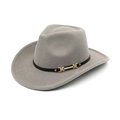 Detailed close-up of a grey wool western cowboy hat with black leather band and metal buckle - M (56-58cm) / Light Gray