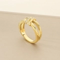 Detail of 18K gold-plated irregular knotted ring featuring shimmering teardrop crystals - 9mm Gold Knot Style (KR111011-K)