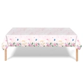 Pink floral disposable plastic table cover with Happy Birthday patterns on a wood surface - Large - Pink Background Butterfly Style