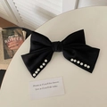 Elegant black satin bow hair claw with white pearl accents for French style hair styling - Black Pearl Double Bow Spring Clip