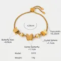 Adjustable gold plated titanium steel bracelet with frosted butterfly and crystal beads - Butterfly Rhinestone Style (E410) / Gold