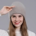 Women's beige rabbit fur knit hat with warm ribbed cuff and soft fuzzy texture - Khaki
