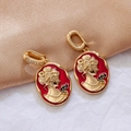 Vintage gold earrings with red oil painting enamel and classical cameo female portrait - 【B-26】Red Cameo Portrait