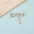 Polished silver MOM pendant with rhinestone heart and baby feet charm on stone - Silver Tone MOM + 1 Foot Pendant