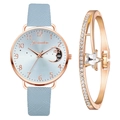 Women's quartz watch and bracelet set with light blue PU strap and moon dial design - Watch and Bracelet Set / Sky Blue