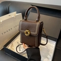 Deep brown crossbody phone bag with litchi texture and gold twist lock in gift box - Dark Brown