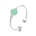 Silver twisted open bracelet with a green gemstone inlay and spherical metal ends - Green Jadeite Ring (Platinum Plated)