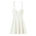 Close-up of white floral poplin mini dress featuring corset bust and camisole straps - White