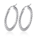 Silver twisted stainless steel hoop earrings with textured embossed round design - Steel Dotted Pattern
