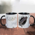 Ceramic mugs with guzheng instrument print, black interior, and traditional poetry decor - Guzheng