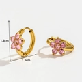 Exquisite 18K gold hoop earrings with pink zirconia flower petals, 1.4cm diameter - ER-1144 Gold Pink Zirconia Flower Hoop Earrings
