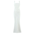 Detail of white satin evening dress featuring square neck and elegant side ruching - S / White