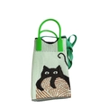 Close-up of a green knitted phone bag featuring a cute black cat and yarn ball pattern - Cat Green