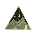 Detail of a triangle enamel pin featuring green mountains and gold crescent moon - Triangle Mountain Style (XZ4311)