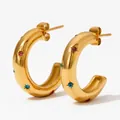 Golden C-shaped stainless steel hoop earrings with colorful starburst zircon inlay - Multi-color Zirconia Starburst Style(KDE1392) / Gold