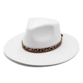 White wool felt wide brim fedora hat with leopard print band and classic pinched crown - M (56-58cm) / White