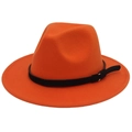 Orange felt fedora hat with black faux leather band and metal buckle accessory - Orange