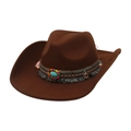 Detail of brown cowboy hat featuring ethnic beaded band, turquoise stone, and fringe - One Size / Coffee (With Metal Bull Head & Ethnic Decor Band)