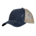 Distressed ponytail baseball cap in navy blue and khaki mesh with horse embroidery - Denim Blue with Beige Mesh