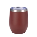 Detailed view of a 12oz matte burgundy stainless steel wine tumbler with a clear lid - Dark Red