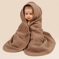 Detailed macro view of brown four-layer cotton muslin gauze baby hooded towel fabric texture - Dark Coffee