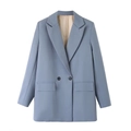 Vista plana de blazer azul cruzado con cuello de solapa y bolsillos laterales - Azul Grisáceo