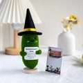 Handmade crochet emotional support pickle in black wizard hat with pumpkin head greeting card - Cucumber + Card + Hat + Base