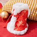 Red festive pet vest with golden plum blossom embroidery and white faux fur lining - XS / Red