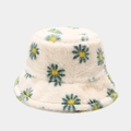 Dettaglio del cappello pescatore in peluche con stampa di margherite in pelliccia - Crema con Margherita Verde (3#)