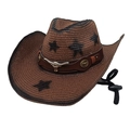 Brown western cowboy straw hat with black star print and metal bull head ornament - M(56-58cm) / Coffee