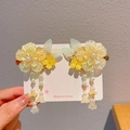 Pair of floral hair clips with pale yellow resin flowers and beaded green tassels - Dongfengzui Pair Set