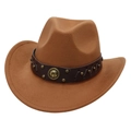 Classic brown felt cowboy hat with vintage studded leather band and gold emblem detail - Khaki