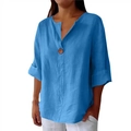 T-shirt da donna celeste in cotone e lino con scollo a V e bottone in legno decorativo - 3XL / Blu Pavone (8001# Stile Manica 3/4)