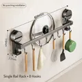 Wall-mounted kitchen suction cup rack with 8 hooks, pot lid holder, no-drill install - Single Bar 40cm/8 Hooks/Gun Grey