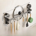 Wall-mounted kitchen suction cup rack with 8 hooks, pot lid holder, no-drill install - Single Bar 40cm/8 Hooks/Gun Grey