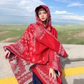 Châle à capuche ethnique rouge à motif cachemire avec franges pour style voyageur - LM209 Cachemire - Rouge
