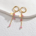 14K gold plated stainless steel star earrings with long chain and pink beads - Red