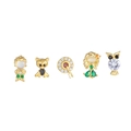 Set di cinque orecchini a lobo dorati con motivi di animali e personaggi in zircone - Oro