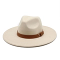 Detail of cream white felt fedora hat featuring a brown leather band and silver studs - M (56-58cm) / Beige