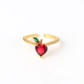 Detail of adjustable gold ring with red heart stone and green marquise apple motif - Adjustable Open / Red Heart Green Leaf Style(XJZ47)