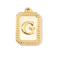 Detailed view of rectangular shell pendant with golden bead edge and letter G engraving - Letter G