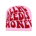 Detail of pink knitted Y2K beanie featuring red ALL WE NEED IS HONEY jacquard text - Pink