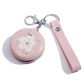 Pink portable round mirror with white flower pattern, PU leather case and keychain - Pink Flower