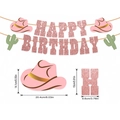 Pink glitter Happy Birthday banner with cowboy hats and cactus for party decoration - Western Cowboy Girl Theme / Pink
