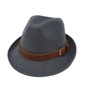 Detail of grey wool felt fedora featuring a brown faux leather band with metal buckle - M (56-58cm) / Dark Gray