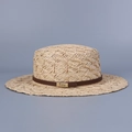 Détail du chapeau en raphia tressé à la main avec bande en cuir et boucle dorée - M(56-58cm) / Naturel Avec Garniture Marron