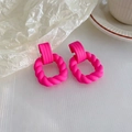Neon pink twisted hoop earrings with ribbed rectangular stud in high-impact matte finish - Twist Square