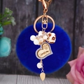 Portachiavi con cuore in peluche blu, incisione I Love You e strass di cristallo lucidi - Cuore di Legno + Pompon Blu Reale